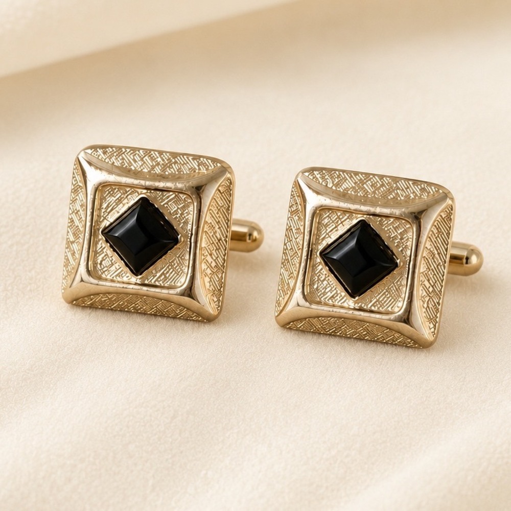 Vintage Mid Century Cufflinks Mens Gold Black Onyx Square Metallic 70s Formal